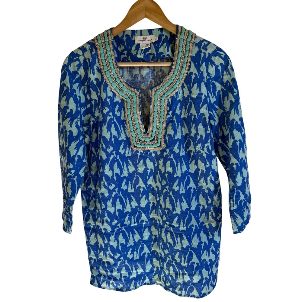 Vineyard‎ Vines Linen Blend Blue Palm Tree Print Tunic Top Beaded Neck Sz S